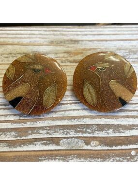 Cork Inlay Lacquer Bird Disc Pierced Earrings